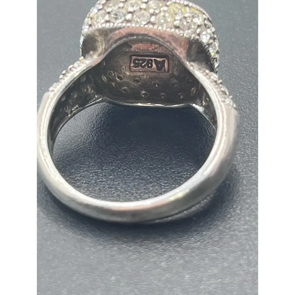 Sterling Silver Signed Ring Marcasite Crystal Cocktail Ring Vintage Style Size 8